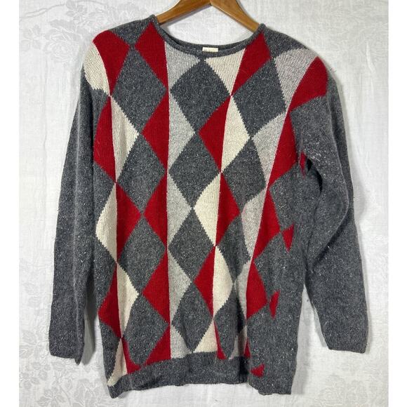 Vintage Sweater Large Gray Red Argyle Silk Angora Lambswool - Picture 1 of 12